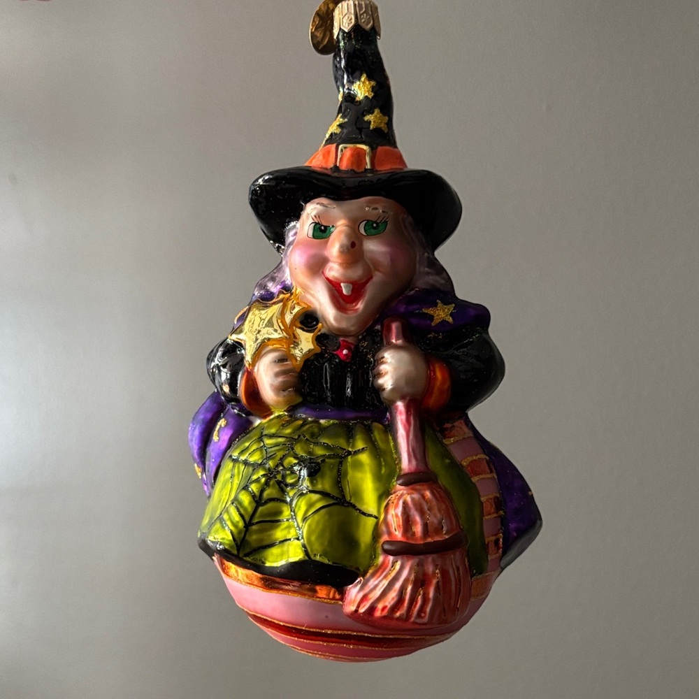 Christopher Radko Halloween Witch  - Snaggletooth Ornament with Broom